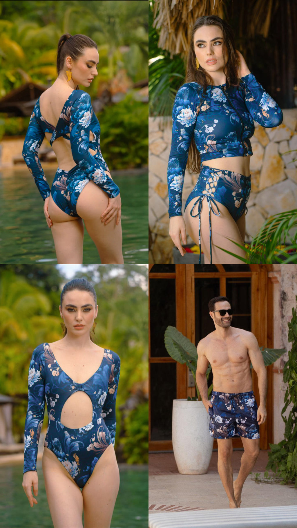 Chaqueta de Baño Manga larga Azul Floral