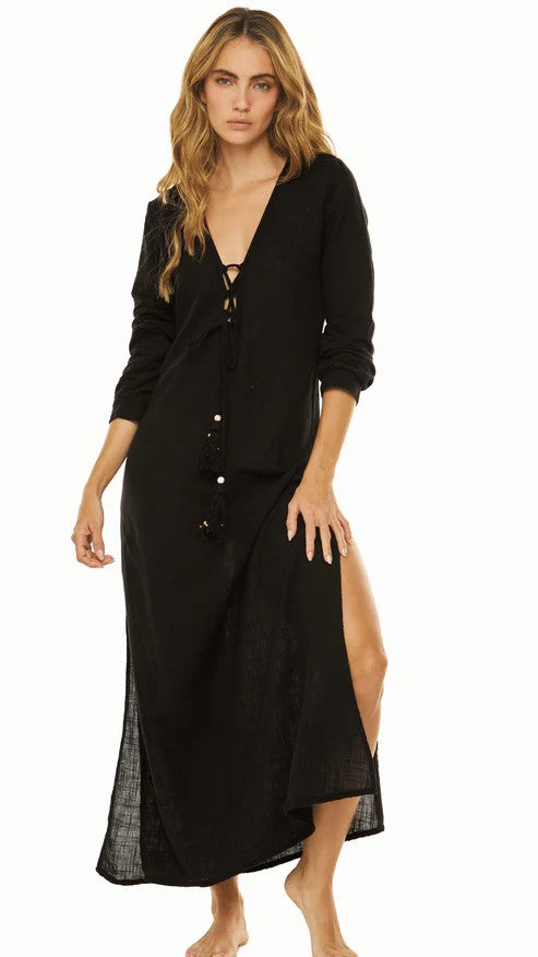 Vestido de Playa negro Largo, Manga Larga con Apertura en pierna Monarda