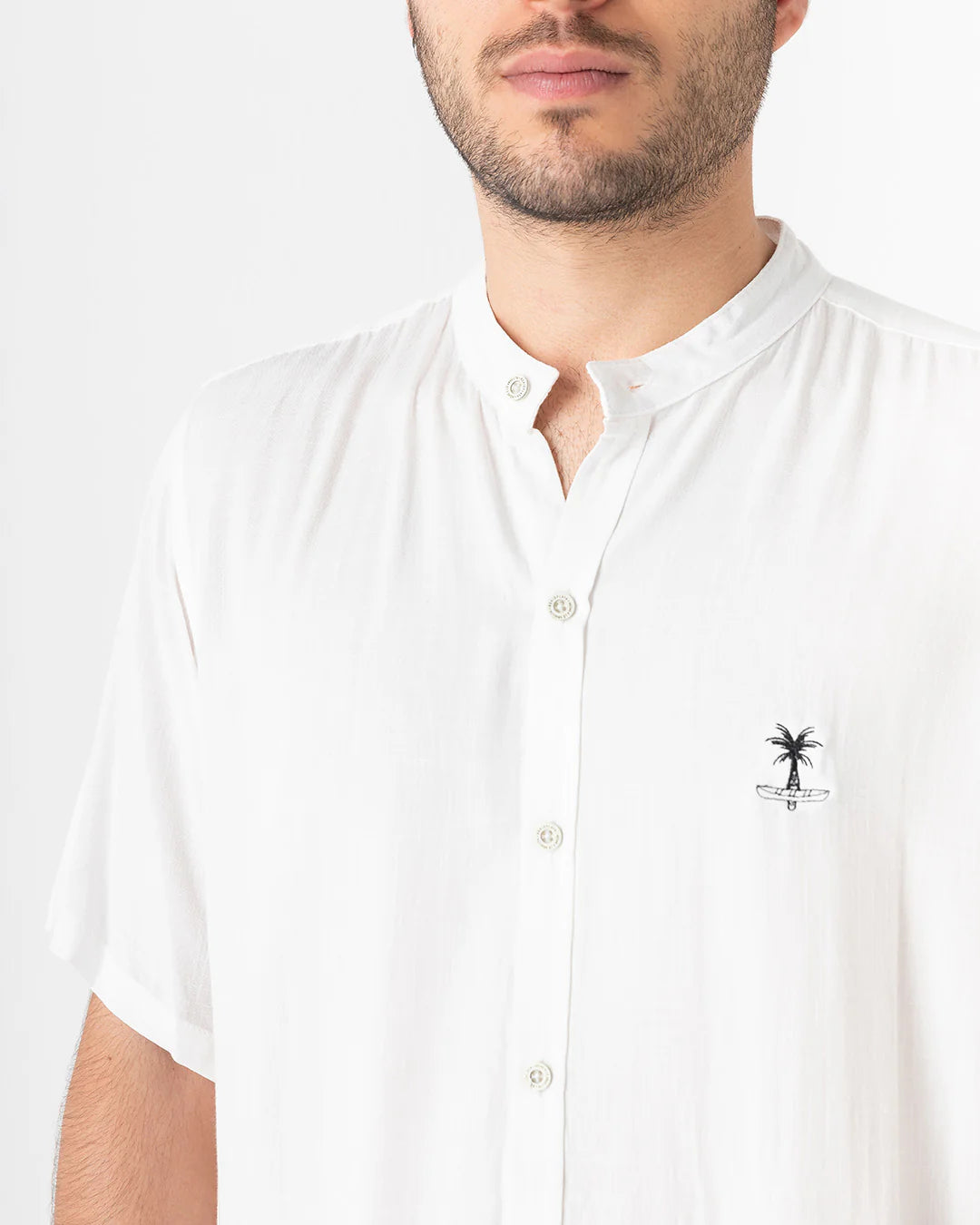 Camisa Hombre Cuello Mao Simple Beach Blanco