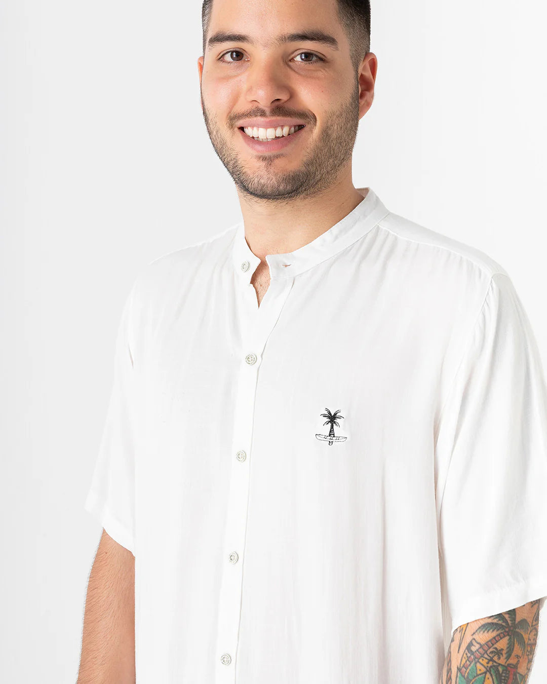 Camisa Hombre Cuello Mao Simple Beach Blanco