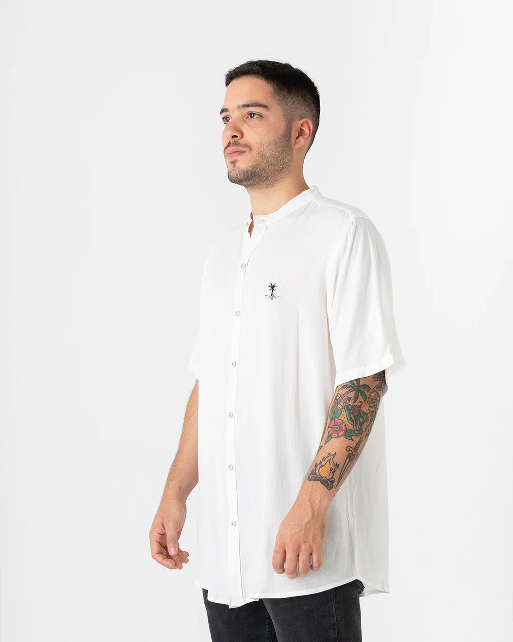 Camisa Hombre Cuello Mao Simple Beach Blanco