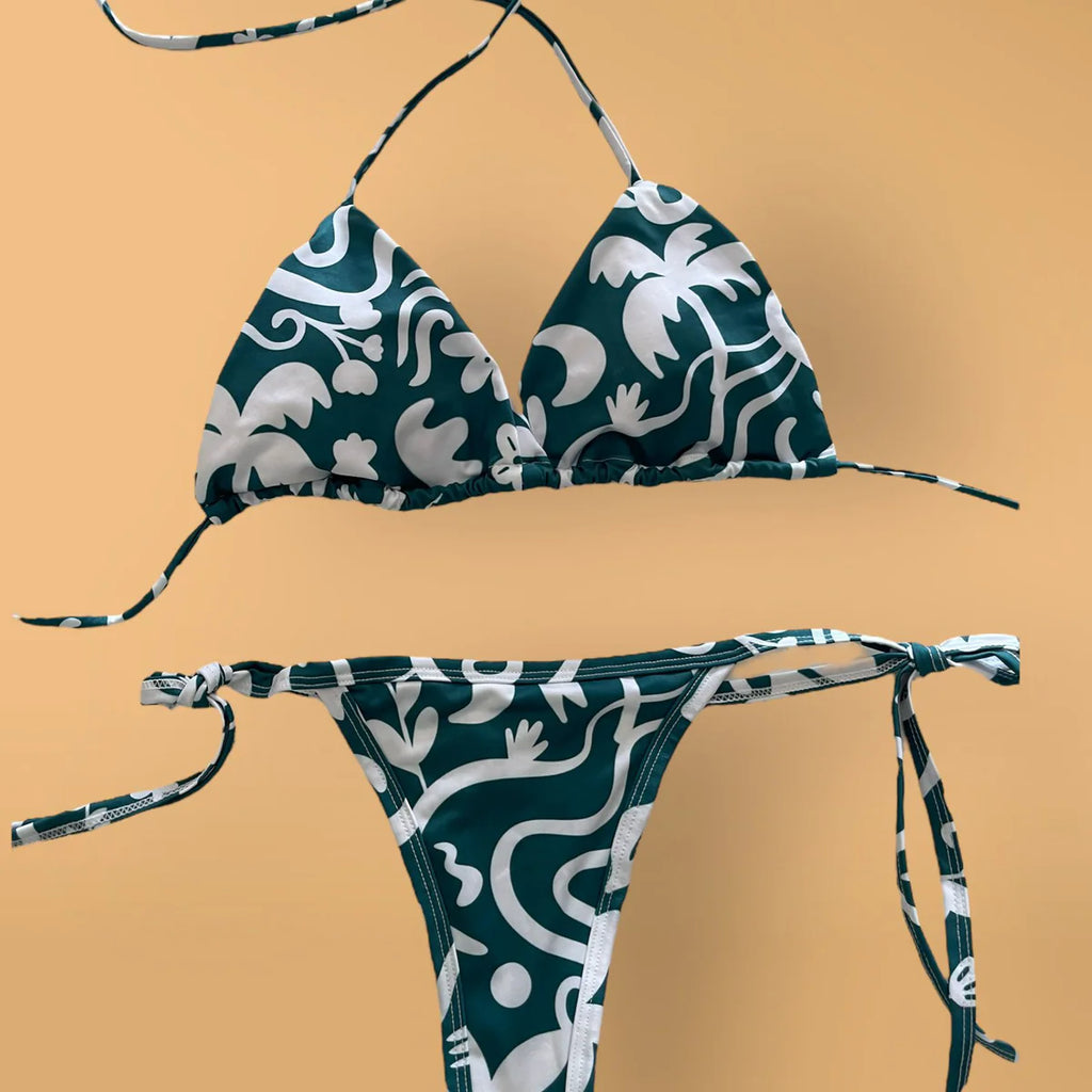 Set Vestido de Baño Tanga Brasilera Ajustable Verde